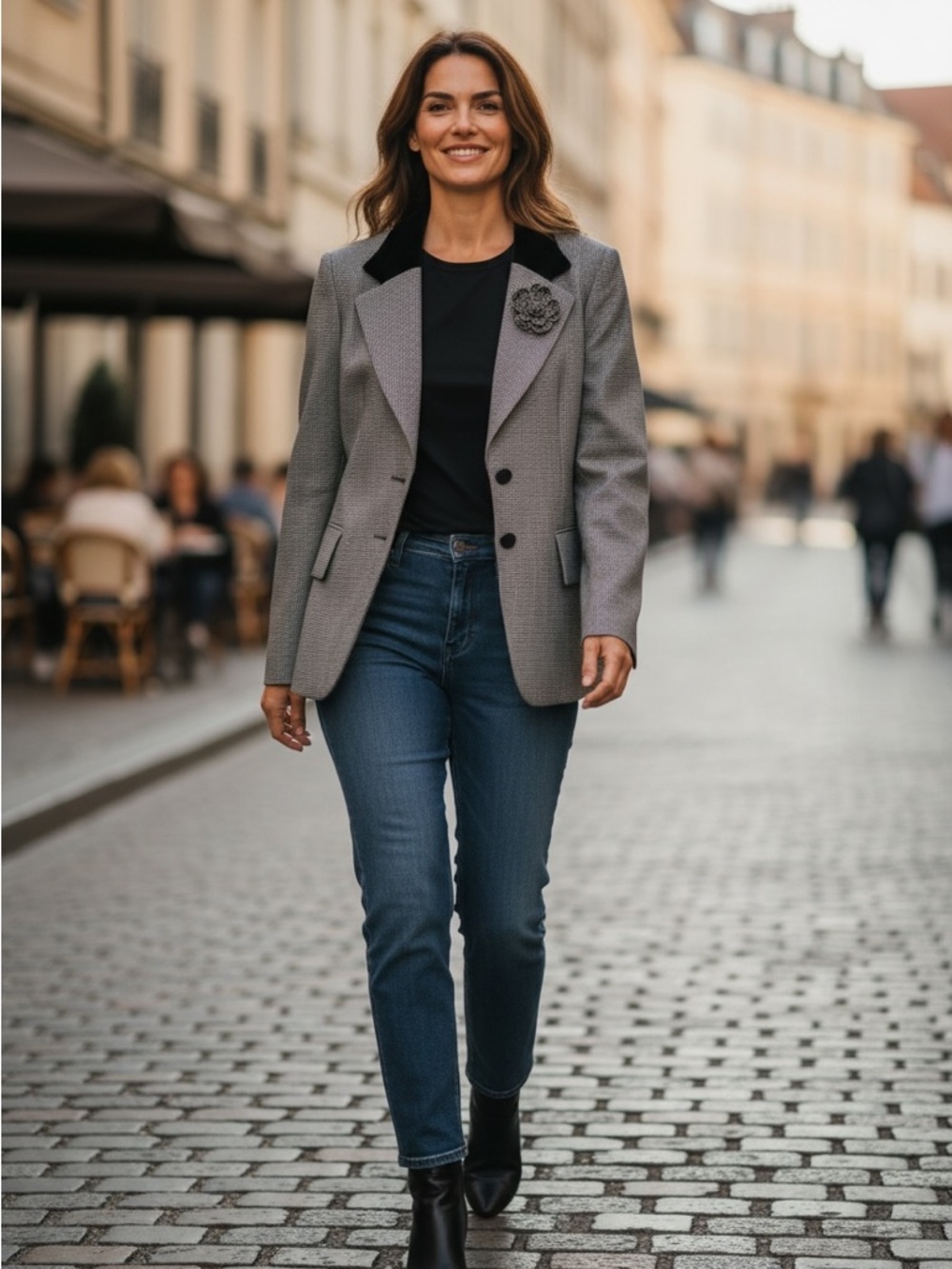 Escada Black-and-Gray Glen Plaid Blazer with Velvet Collar